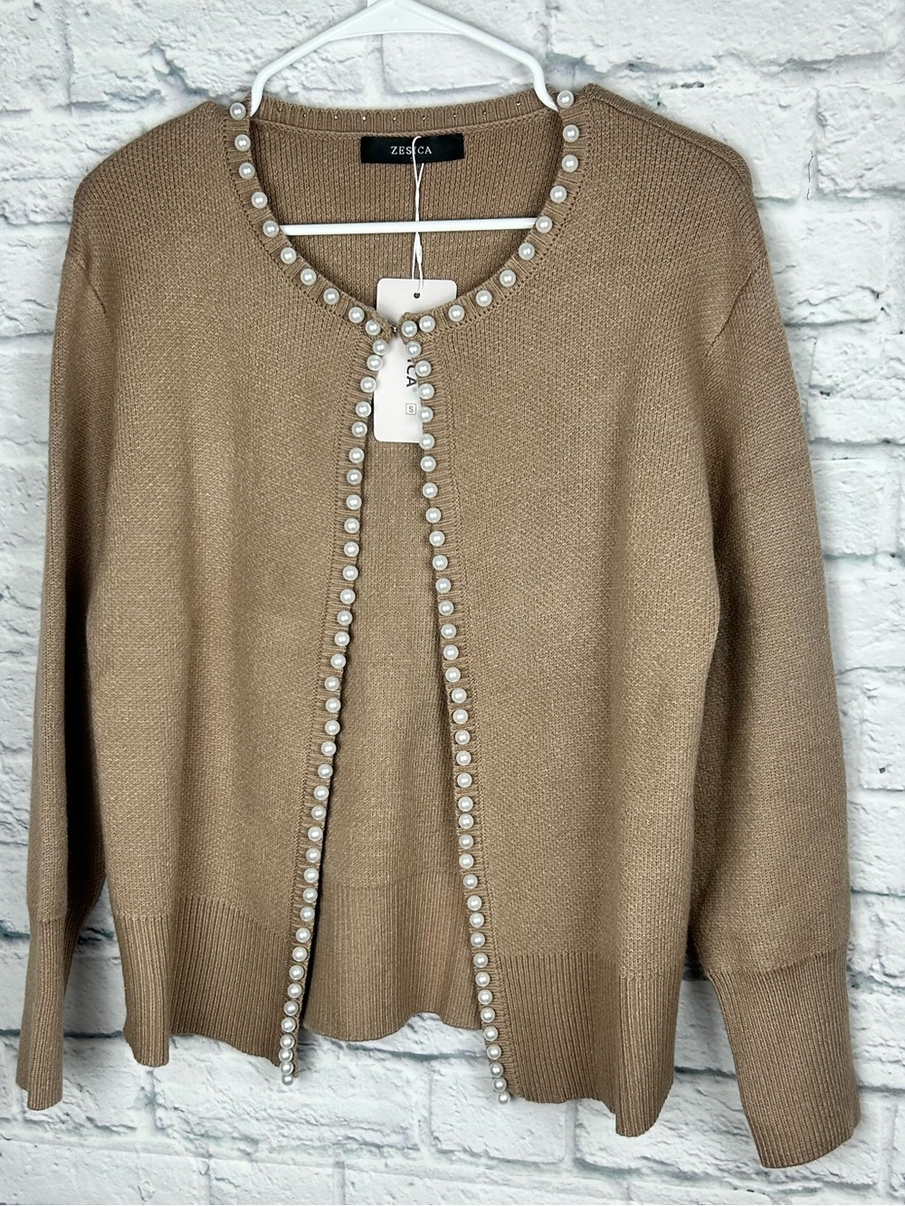ZESICA Pearl Trim Open Front Cardigan Sweater Camel Beige Size Small NWT